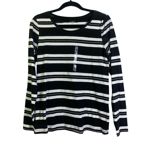 LOFT Tee T-Shirt Medium Scoop Neck L/S Striped Soft Cotton Basic Staple NWT‎ - Picture 1 of 12
